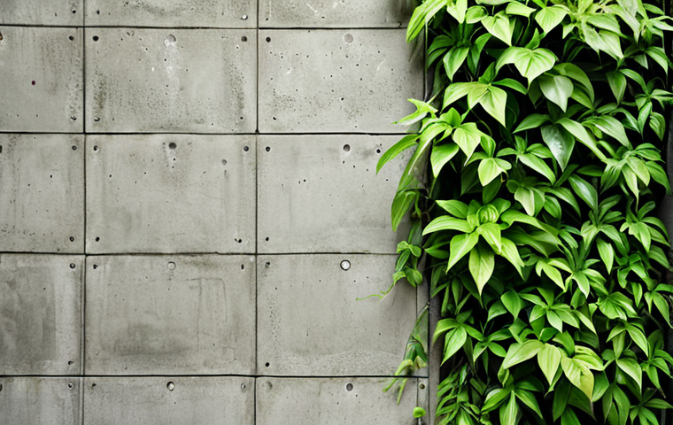 **Exposed Concrete Wall with Greenery:** "A close-up shot of a raw, exposed concrete wall texture, softened by vibrant green plants cascading down. Neutral color palette with pops of green. Natural light."