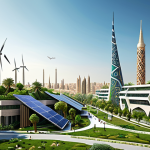 **

"Futuristic cityscape blending modern Arabic architecture with lush green spaces, emphasizing sustainable design, wind turbines, and solar panels. Incorporate traditional Islamic geometric patterns in a modern way. Focus on community interaction and cultural identity. High-resolution, vibrant colors."

**