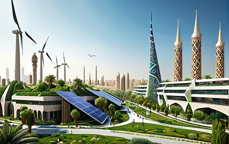 **

"Futuristic cityscape blending modern Arabic architecture with lush green spaces, emphasizing sustainable design, wind turbines, and solar panels. Incorporate traditional Islamic geometric patterns in a modern way. Focus on community interaction and cultural identity. High-resolution, vibrant colors."

**