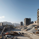A visually striking panorama contrasting past and future. On one side, vast, dusty mountains of construction debris: broken concrete, twisted rebar, and discarded materials under a somber sky, symbolizing environmental burden. On the other, a seamless transition into a gleaming, futuristic cityscape built from these very recycled materials. Sleek, modern buildings with distinct features made from repurposed concrete, reflective recycled glass facades, and elegant metal structures. Subtle, interconnected glowing lines symbolize the circular flow of resources from waste to new construction. The overall mood is one of profound optimism and groundbreaking sustainability, bathed in clear, hopeful light. High resolution, cinematic, conceptual art with realistic details.