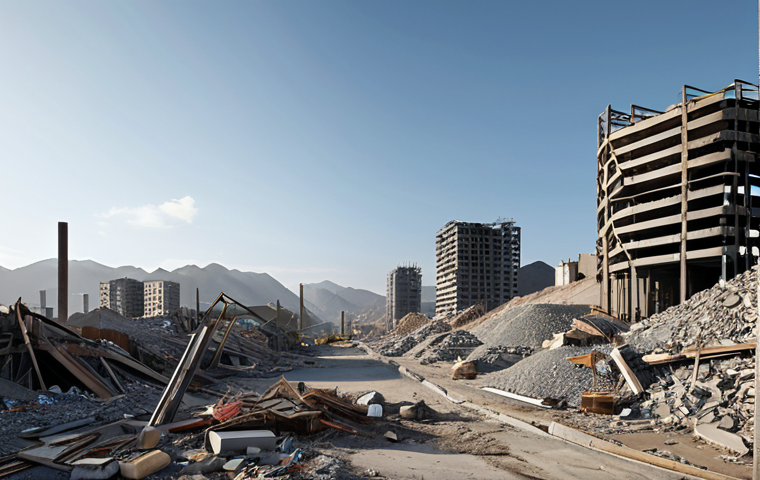 A visually striking panorama contrasting past and future. On one side, vast, dusty mountains of construction debris: broken concrete, twisted rebar, and discarded materials under a somber sky, symbolizing environmental burden. On the other, a seamless transition into a gleaming, futuristic cityscape built from these very recycled materials. Sleek, modern buildings with distinct features made from repurposed concrete, reflective recycled glass facades, and elegant metal structures. Subtle, interconnected glowing lines symbolize the circular flow of resources from waste to new construction. The overall mood is one of profound optimism and groundbreaking sustainability, bathed in clear, hopeful light. High resolution, cinematic, conceptual art with realistic details.