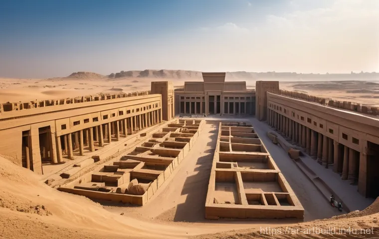 고대 이집트 건축 기술 - **Prompt:** A majestic, high-angle panoramic view of a massive ancient Egyptian temple complex under...