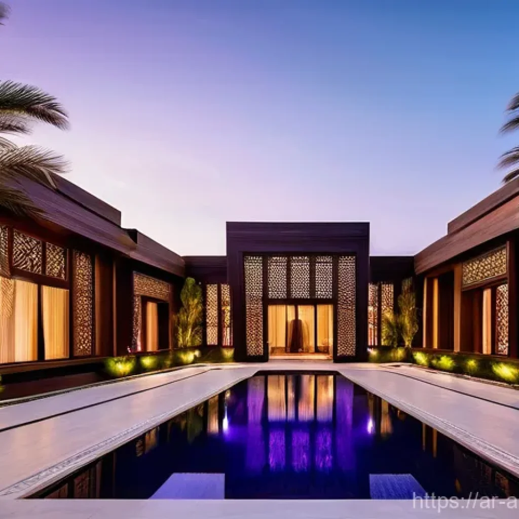 목조 건축의 장점과 단점 - **Prompt:** A luxurious, modern Arabic villa exterior at sunset. The villa features extensive use of...
