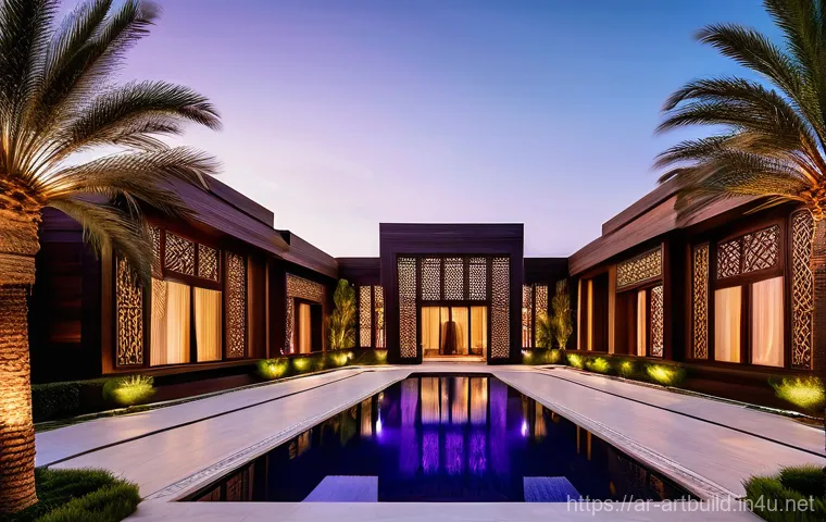 목조 건축의 장점과 단점 - **Prompt:** A luxurious, modern Arabic villa exterior at sunset. The villa features extensive use of...