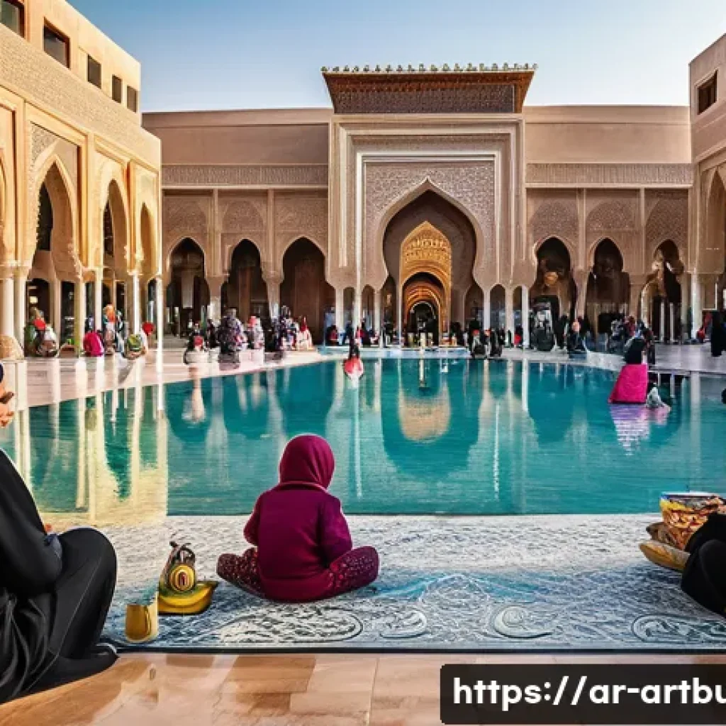 도시와 건축의 사회적 역할 - A vibrant public square in a modern Arab city, bustling with diverse people of all ages enjoying var...