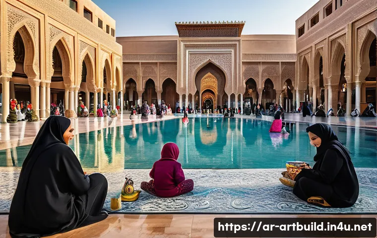 도시와 건축의 사회적 역할 - A vibrant public square in a modern Arab city, bustling with diverse people of all ages enjoying var...