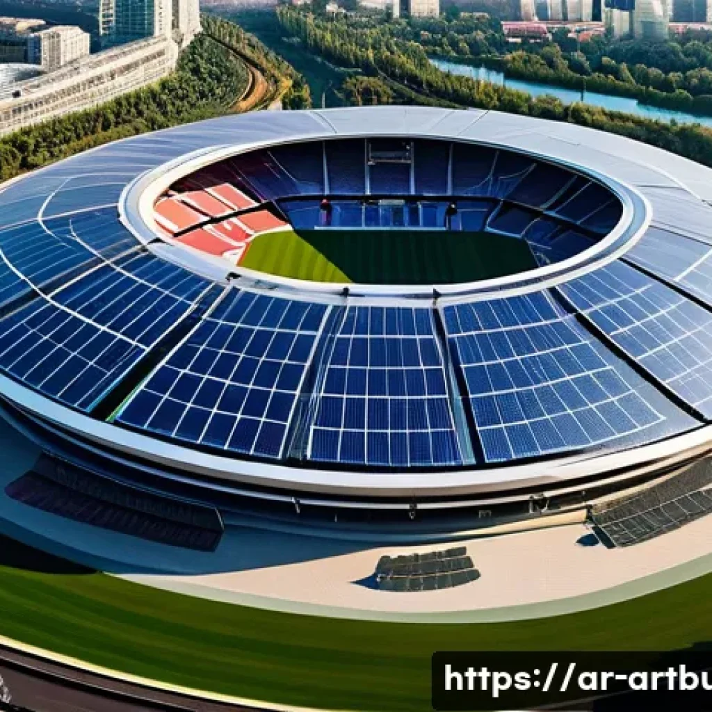 스포츠 경기장 건축 혁신 - **A breathtaking aerial view of a futuristic, sustainably designed stadium.** The architecture is sl...