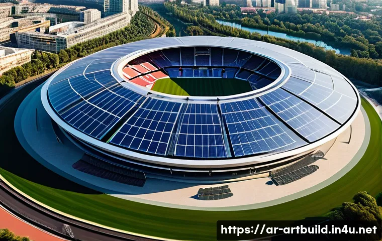 스포츠 경기장 건축 혁신 - **A breathtaking aerial view of a futuristic, sustainably designed stadium.** The architecture is sl...