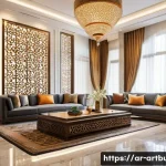 Home 21 건축 리모델링 비용 분석 - A modern Middle Eastern home interior renovation scene showcasing a spacious living room with elegan...