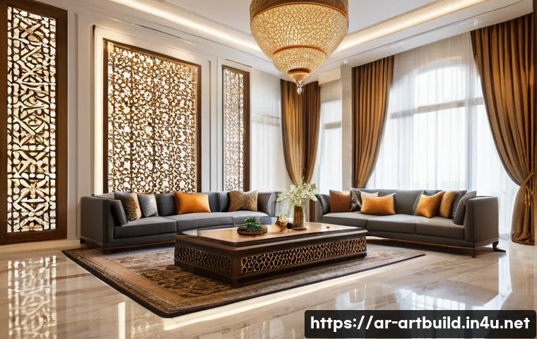 건축 리모델링 비용 분석 - A modern Middle Eastern home interior renovation scene showcasing a spacious living room with elegan...