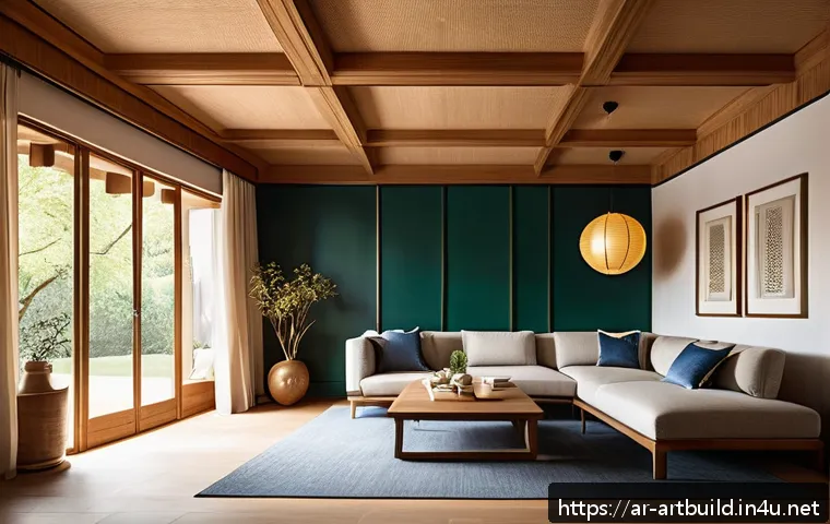 한옥 리모델링 사례 - A serene Korean-style interior living room blending traditional and modern elements, featuring natur...
