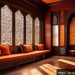 Home 18 영화 속 건축과 공간 디자인 - A warm, intimate interior scene inspired by traditional Arabic architectural elements, featuring ric...
