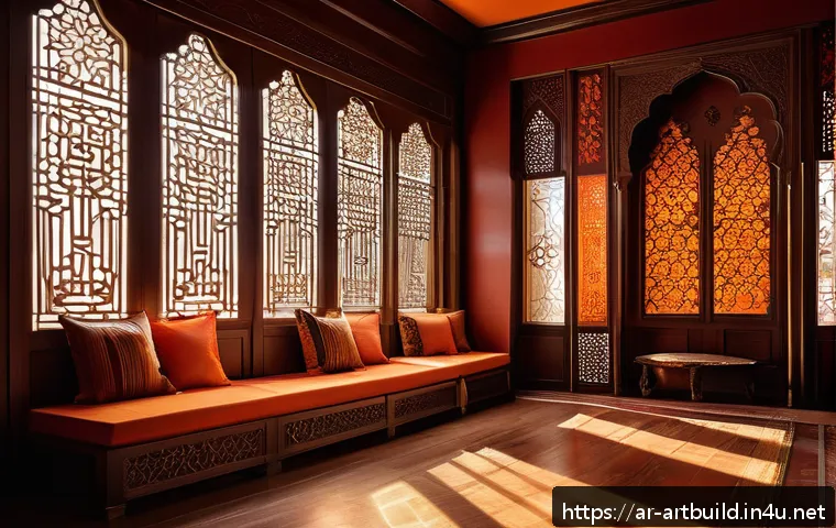 영화 속 건축과 공간 디자인 - A warm, intimate interior scene inspired by traditional Arabic architectural elements, featuring ric...