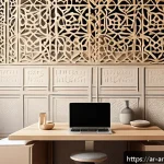 Home 23 건축 포트폴리오 제작 팁 - A professional Arabic architect’s portfolio design scene, featuring a clean, modern workspace with a...