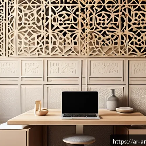 Home 17 건축 포트폴리오 제작 팁 - A professional Arabic architect’s portfolio design scene, featuring a clean, modern workspace with a...