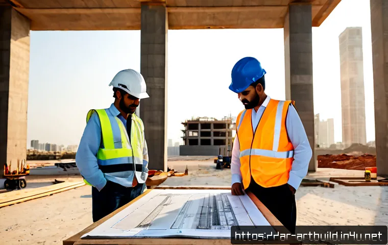 Home 17 건축 시공 프로세스 - Photorealistic wide-angle view of a modern construction site in a Gulf Arab city, showing a clear bu...